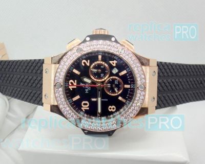 Replica Hublot Black Dial Diamond Beazel Rubbber Strap Watch